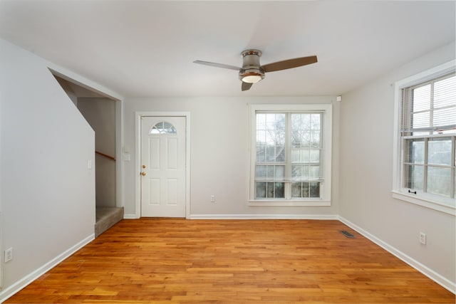 entrance foyer featuring ceiling fan and light hardwood / wood-style flooring