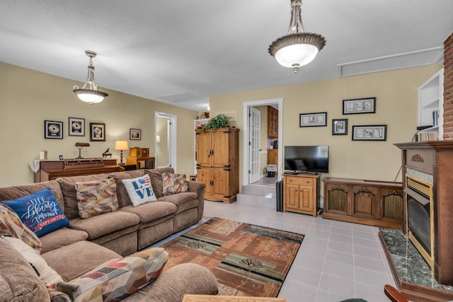 tiled living room with a premium fireplace