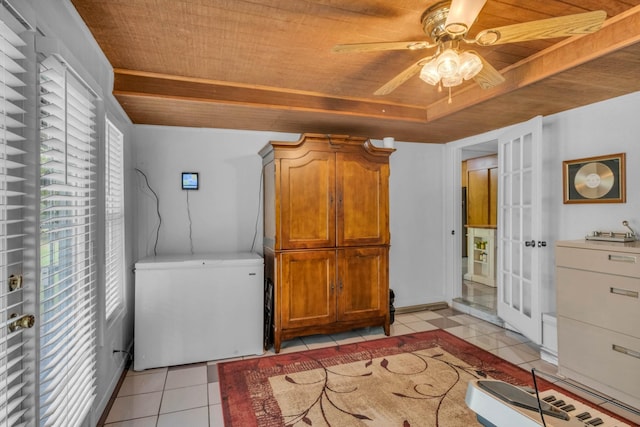 laundry room featuring light tile patterned flooring, ceiling fan, and wood ceiling