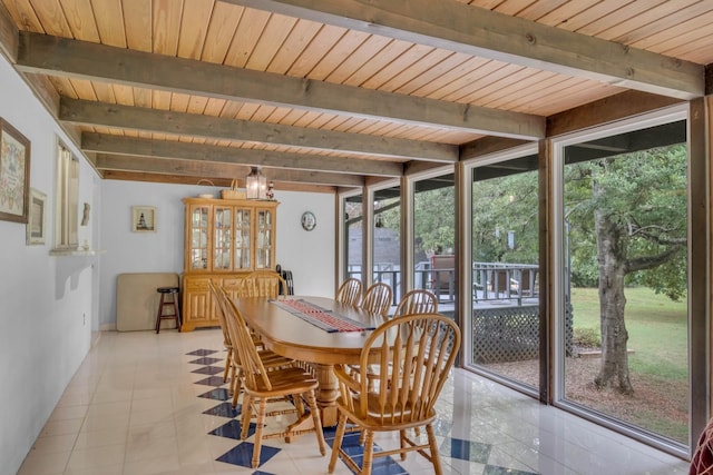 tiled dining area featuring beamed ceiling and wooden ceiling