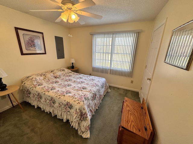 bedroom with dark colored carpet, ceiling fan, a textured ceiling, and electric panel