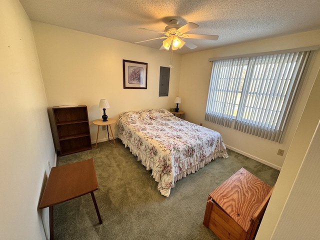 carpeted bedroom featuring ceiling fan, a textured ceiling, and electric panel