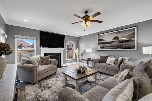 living room with hardwood / wood-style floors, ceiling fan, and ornamental molding