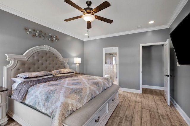 bedroom with ensuite bath, ceiling fan, crown molding, and light hardwood / wood-style floors