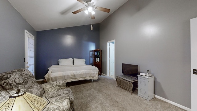 carpeted bedroom featuring ceiling fan and lofted ceiling