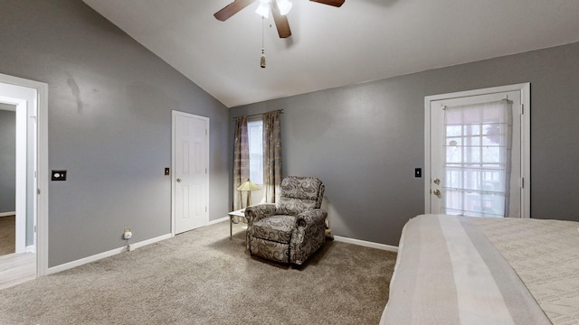 bedroom featuring ceiling fan, carpet, and lofted ceiling