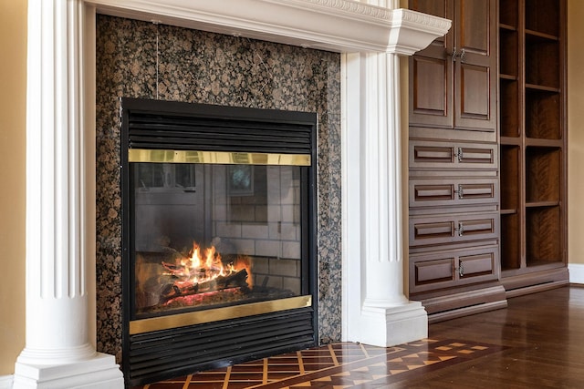 room details featuring wood-type flooring, built in features, and a premium fireplace