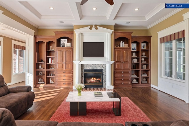 living room featuring crown molding, coffered ceiling, and dark hardwood / wood-style floors