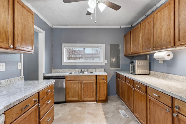 kitchen featuring electric panel, crown molding, sink, and stainless steel dishwasher