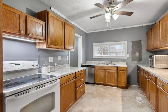 kitchen featuring stainless steel dishwasher, ornamental molding, white electric range oven, sink, and electric panel