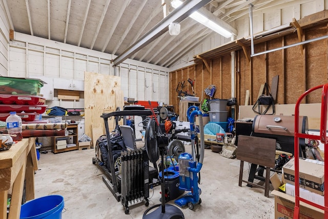 garage with a workshop area