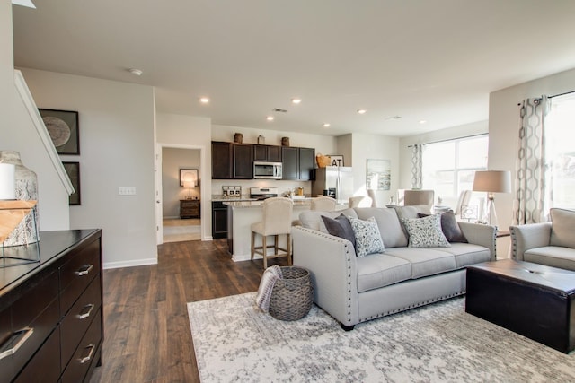 living room with dark wood-type flooring