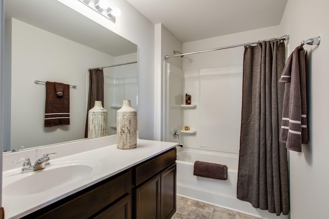 bathroom with vanity and shower / bathtub combination with curtain