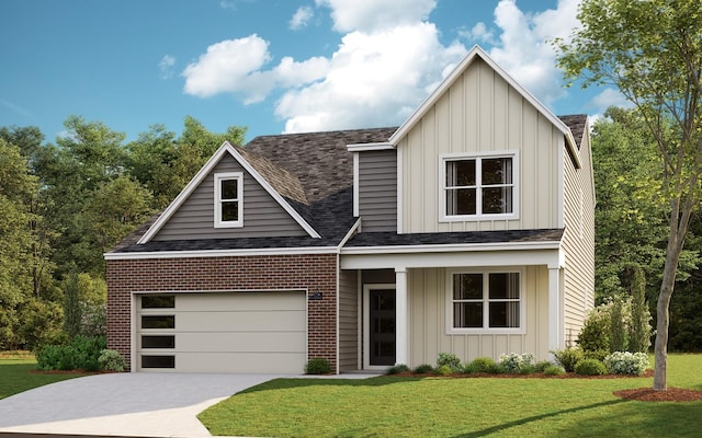 view of front of property with a front lawn, concrete driveway, a garage, board and batten siding, and brick siding