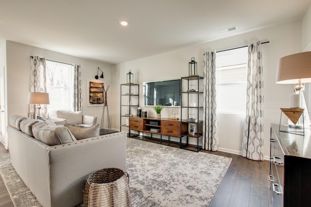 living room with dark hardwood / wood-style flooring