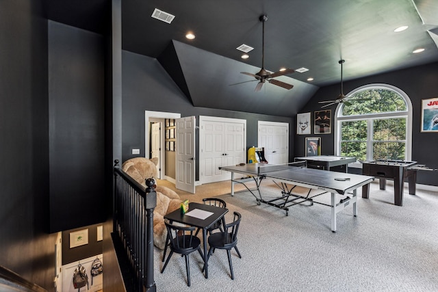 game room with carpet, high vaulted ceiling, and ceiling fan