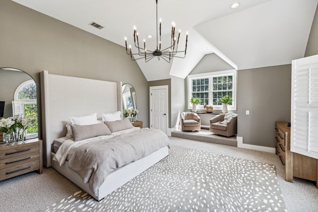 bedroom with carpet, a notable chandelier, lofted ceiling, and multiple windows