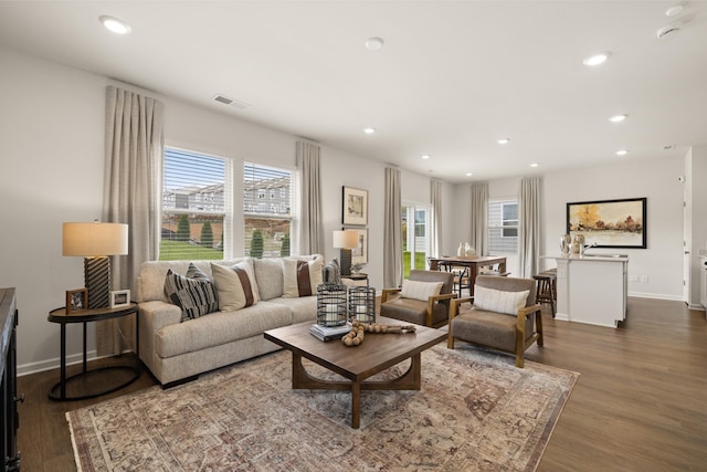 living room with dark hardwood / wood-style flooring and plenty of natural light