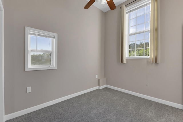 spare room featuring carpet flooring, ceiling fan, and a healthy amount of sunlight