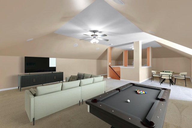 recreation room with ceiling fan, lofted ceiling, light carpet, and billiards