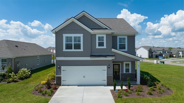 craftsman-style home with a garage and a front lawn