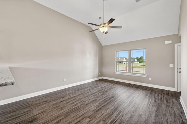 interior space featuring ceiling fan, dark hardwood / wood-style flooring, and high vaulted ceiling