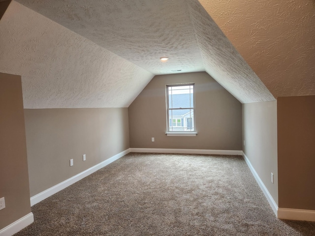 additional living space featuring a textured ceiling, lofted ceiling, and carpet floors