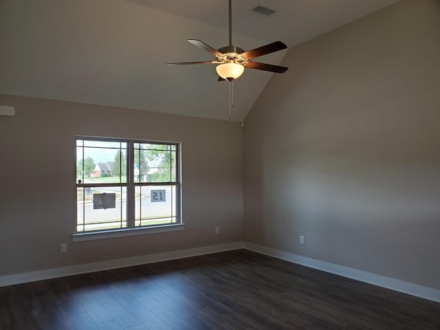 unfurnished room with dark wood-type flooring, ceiling fan, and high vaulted ceiling