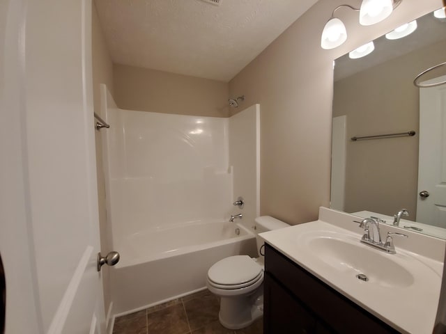 full bathroom with toilet, a textured ceiling, shower / bathtub combination, and vanity