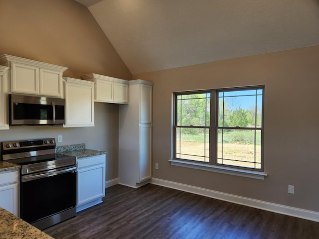 kitchen with appliances with stainless steel finishes, dark wood-type flooring, lofted ceiling, light stone countertops, and white cabinets