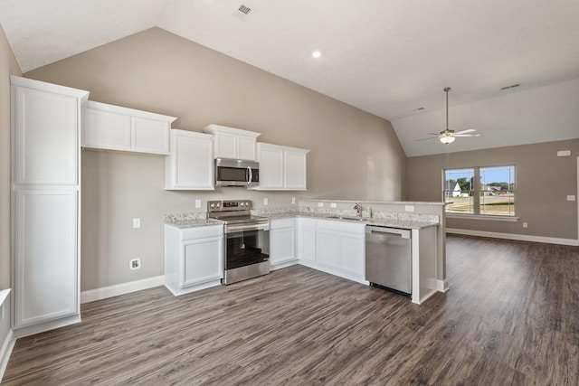 kitchen with white cabinets, appliances with stainless steel finishes, lofted ceiling, dark wood-type flooring, and ceiling fan