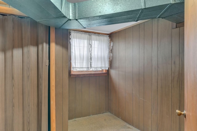 interior space featuring carpet flooring and wood walls