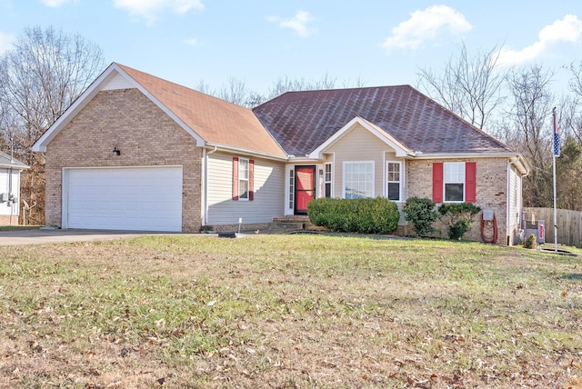 ranch-style house with a garage and a front lawn