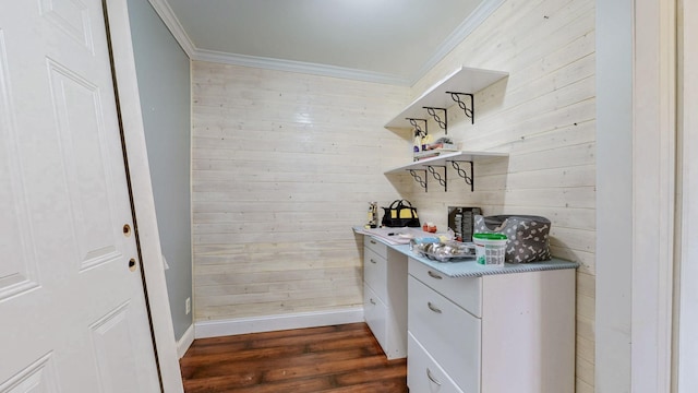 bar featuring dark wood-style floors, ornamental molding, wood walls, and baseboards