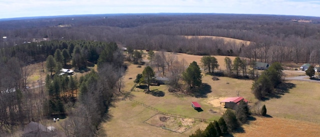 bird's eye view featuring a rural view and a wooded view