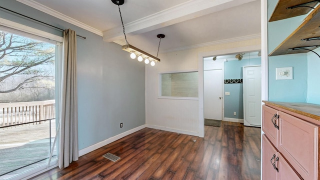 dining space with crown molding, visible vents, dark wood finished floors, and baseboards