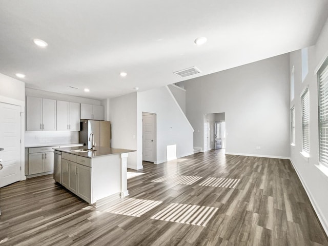 kitchen featuring sink, wood-type flooring, a kitchen island with sink, and appliances with stainless steel finishes