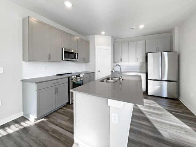 kitchen with gray cabinetry, backsplash, sink, an island with sink, and stainless steel appliances