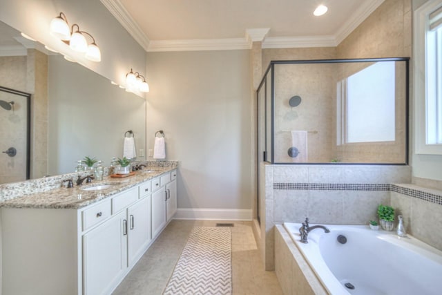 bathroom with plus walk in shower, vanity, tile patterned floors, and crown molding