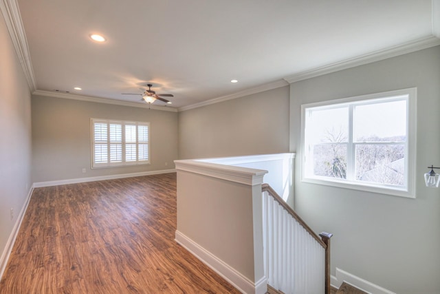 hall with a wealth of natural light, dark hardwood / wood-style flooring, and ornamental molding