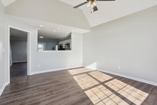 unfurnished living room featuring ceiling fan, high vaulted ceiling, and dark hardwood / wood-style flooring