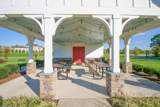 view of community featuring a gazebo and a patio area