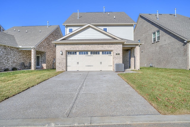 view of front of home with central AC unit and a front yard