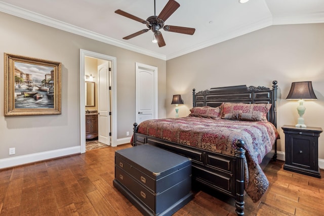 bedroom featuring lofted ceiling, ensuite bathroom, ceiling fan, ornamental molding, and wood-type flooring