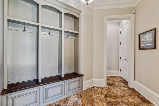 mudroom featuring ornamental molding