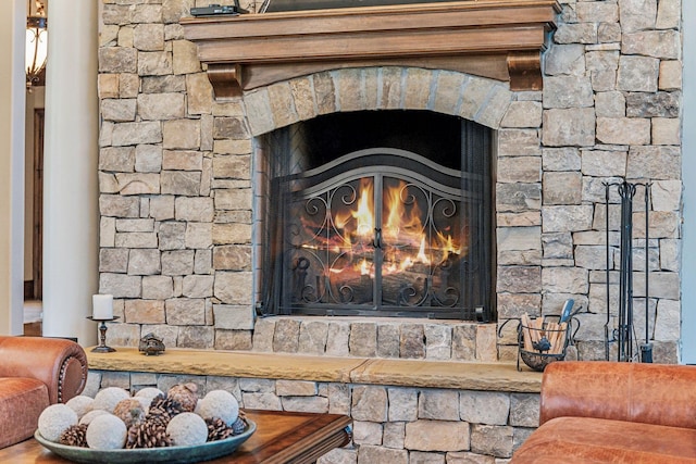 room details with a stone fireplace