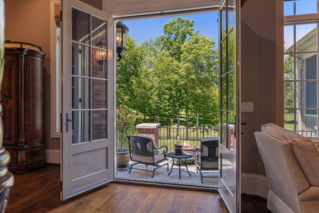 doorway with dark wood-type flooring