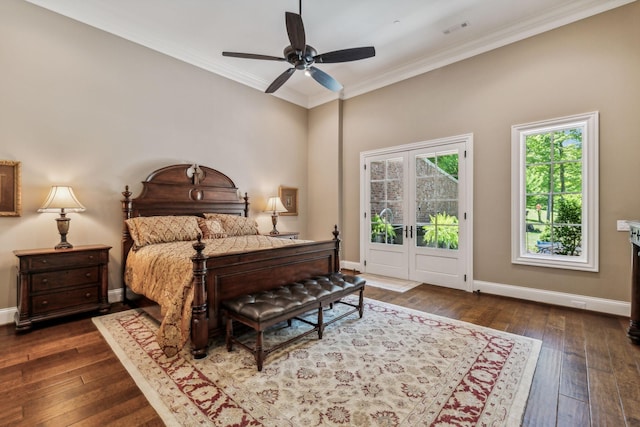 bedroom featuring ceiling fan, crown molding, and dark hardwood / wood-style floors