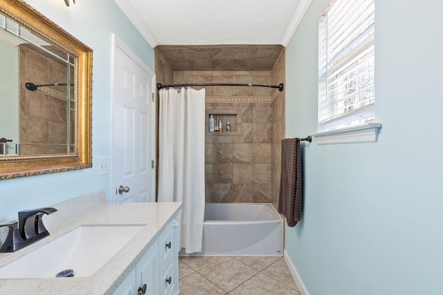 bathroom featuring ornamental molding, vanity, tile patterned floors, and shower / bath combo with shower curtain