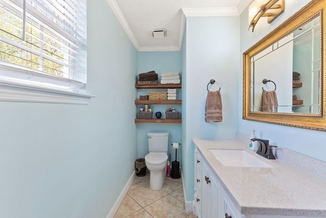 bathroom featuring tile patterned flooring, vanity, ornamental molding, and toilet